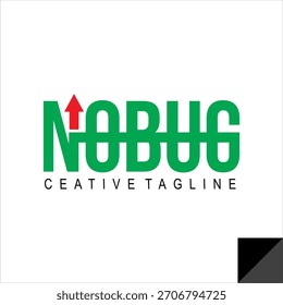 Vector de texto verde de NOBUG y forma de signo de flecha, diseño de logotipo de producto agrícola.