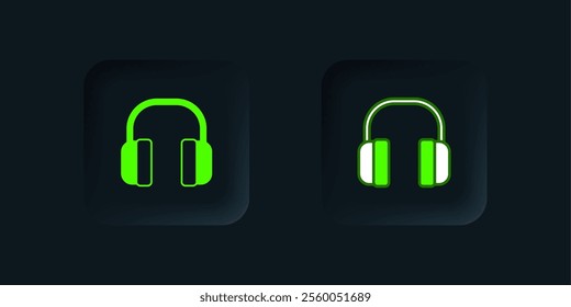 Green Noise canceling headphones icon isolated on black background. Headphones for ear protection from noise. Black square button. Vector