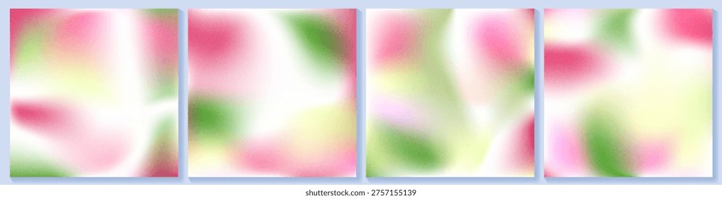 Green noisy gradient in pink spring bg. Gradation of fresh flowers and leaves, abstract grainy blurry texture. Peach seamless greenery on sky bg, ombre square shape. Fresh wavy satin nature aesthetic