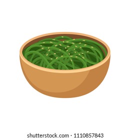 Green noodles in brown ceramic bowl. Traditional dish of Japanese cuisine. Asian food. Flat vector for recipe book, menu or promo banner