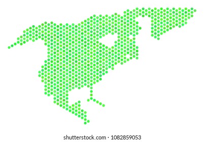 Green North America map. Vector hexagon geographic map in eco green color variations. Abstract North America map collage is composed with hex-tile items.