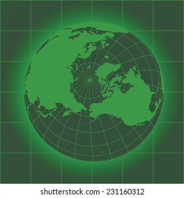 Green North Pole map. Europe, Greenland, Asia, America, Russia. Earth globe as seen in an old monitor. Elements of this image furnished by NASA