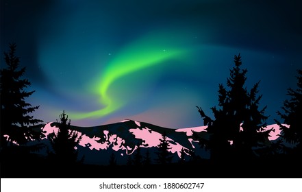 Green northern lights above mountains. Pine trees landscape pattern.