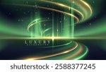 Green northern lights scene glowing in the night sky decorated with golden glow effect and stars, luxury style background design concept.