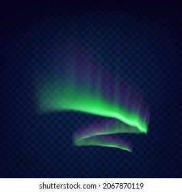 Green northern polar lights glow. Arctic aurora borealis, natural phenomena, amazing glowing wavy illumination on night sky. Realistic 3d vector illustration