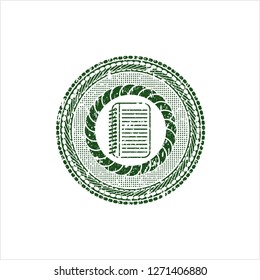 Green note book icon inside distressed rubber seal with grunge texture