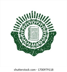 Green note book icon inside distress rubber seal with grunge texture