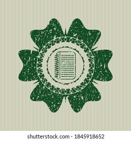 Green note book icon inside distressed rubber texture. 
