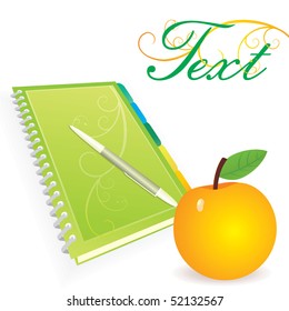 green note with pen and yellow apple