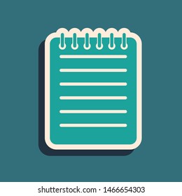 Green Notebook icon isolated on blue background. Spiral notepad icon. Writing pad. Diary for business. Notebook cover design. Long shadow style. Vector Illustration