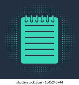 Green Notebook icon isolated on blue background. Spiral notepad icon. Writing pad. Diary for business. Notebook cover design. Abstract circle random dots. Vector Illustration