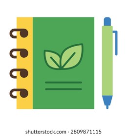A green notebook with a leaf design and a pen eco friendly stationery for nature lovers and students