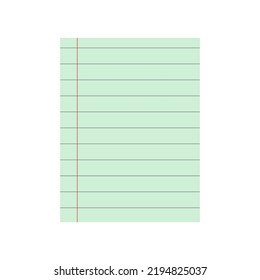 Green notebook paper for your text. Blank pages of notebook with margins isolated on white background.Vector