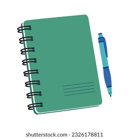 Grünes Notebook und Stift, Draufsicht. Handgezeichnete Vektorgrafik einzeln auf weißem Hintergrund, moderner, flacher Cartoon-Stil.