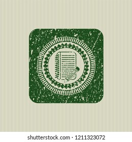 Green notebook with pencil icon inside distressed rubber grunge texture seal