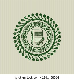 Green notebook with pencil icon inside distressed grunge style stamp