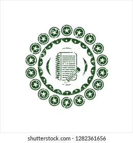 Green notebook with pencil icon inside rubber stamp