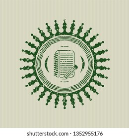 Green notebook with pencil icon inside grunge stamp