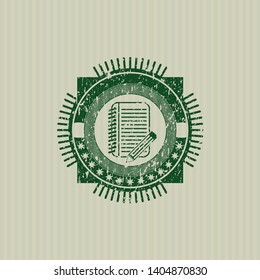 Green notebook with pencil icon inside distress grunge style stamp