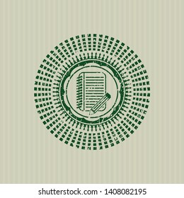 Green notebook with pencil icon inside rubber grunge seal