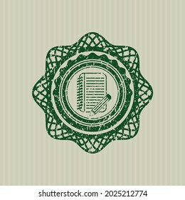 Portátil verde con icono de lápiz en el interior de angustiado con textura de sello de goma. 