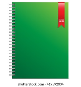 Green notebook and red ribbon vector illustration.