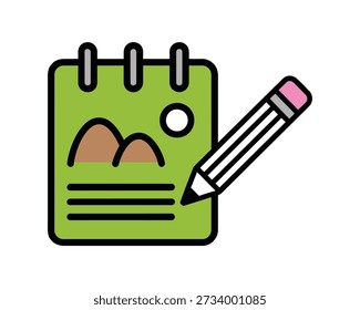 A green notepad with a drawing of hills and a sun is being written on by a pencil.