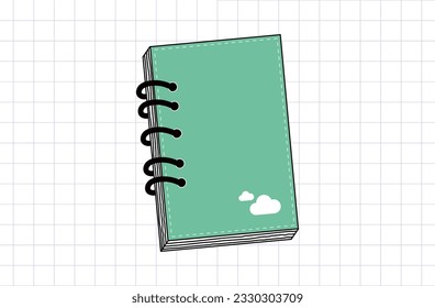 Green notepad, paper diary. Short notes, simple text organizer. The planner is bound with a spiral. Closed journal for notes, sketchbook. Business document, workbook, cover with cloud. Vector.