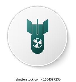 Green Nuclear bomb icon isolated on white background. Rocket bomb flies down. White circle button. Vector Illustration