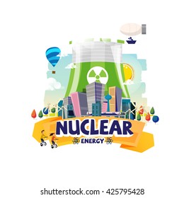 Green Nuclear Power Plant with the big city. Environmentally Friendly energy concept - vector illustration