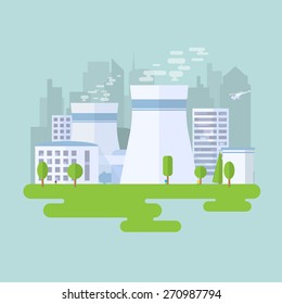 Green nuclear power plant. City buildings and skyscrapers on background. Flat vector illustration.