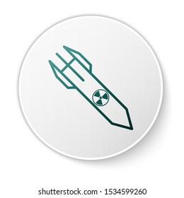 Green Nuclear rocket icon isolated on white background. Rocket bomb flies down. White circle button. Vector Illustration