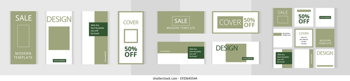 Estilo desnudo verde. Gran conjunto de carteles editables de collage de fotos de estilo floral vertical, horizontal y cuadrado. Plantillas minimalistas para publicaciones en redes sociales y publicidad en línea.