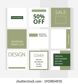 Green nude style. Set of editable square photo collage banners. Minimalism instagram templates for social media posting and online advertising. Trend vector illustration.