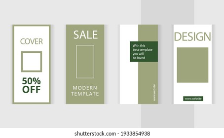 Green nude style. Set of editable vertical photo collage banners. Minimalism instagram templates for social media posting and online advertising. Trend vector illustration.