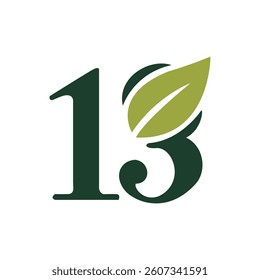 Green number 13 with leaf design symbolizing eco-friendly nature and sustainability on white background