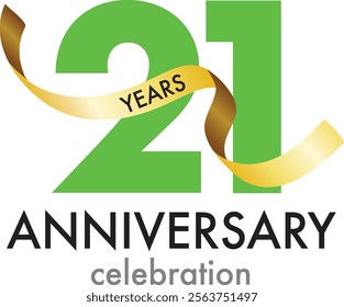 green number 21 with gold confetti and word years black color and word anniversary celebration are at the bottom.