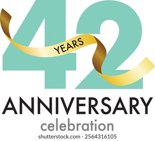 green number 42 with gold confetti and word years black color and word anniversary celebration are at the bottom.