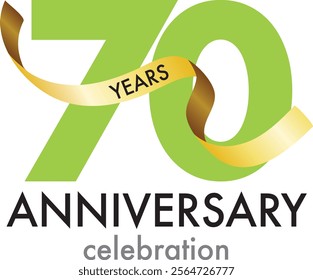 green number 70 with gold confetti and word years black color and word anniversary celebration are at the bottom.