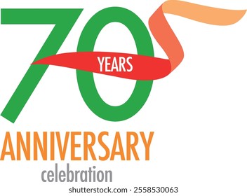 green number 70 and red confetti with words anniversary celebration in the bottom isolated on white background.
