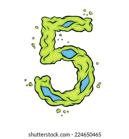 Green number five . Bright green element stylish numbers style zombies. Halloween number grimy element in the vector. Hand drawn number five isolated on white background. EPS10