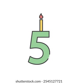 Green number five with lit yellow candle, perfect for birthday party decorations