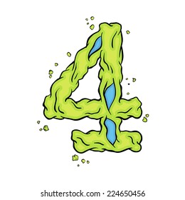 Green number four . Bright green element stylish numbers style zombies. Halloween number grimy element in the vector. Hand drawn number four isolated on white background. EPS10