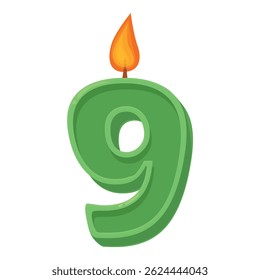 Green number nine birthday candle is burning with a bright flame
