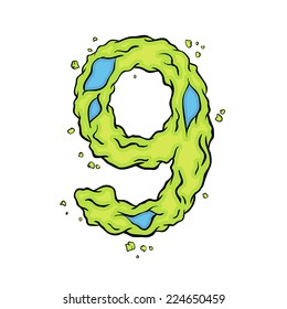 Green number nine. Bright green element stylish numbers style zombies. Halloween number grimy element in the vector. Hand drawn number nine isolated on white background. EPS10