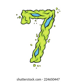Green number seven. Bright green element stylish numbers style zombies. Halloween number grimy element in the vector. Hand drawn number seven isolated on white background. EPS10