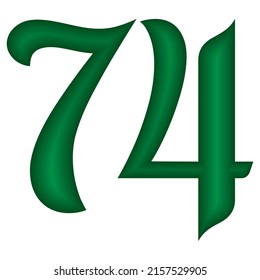 Grüne Zahl 74 Vektorgrafik. Nummer 74 einzeln auf weißem Hintergrund. islamische oder arabische Schriftnummer
