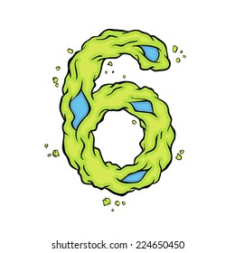 Green number six. Bright green element stylish numbers style zombies. Halloween number grimy element in the vector. Hand drawn number six isolated on white background. EPS10