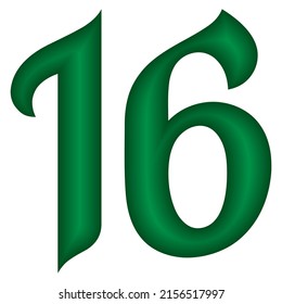 Green Number Sixteen Vector Illustration. Number 16 Isolated On A White Background. Islamic Or Arabic Font Number
