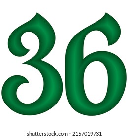 Green Number Thirty Six Vector Illustration. Number 36 Isolated On A White Background. Islamic Or Arabic Font Number
